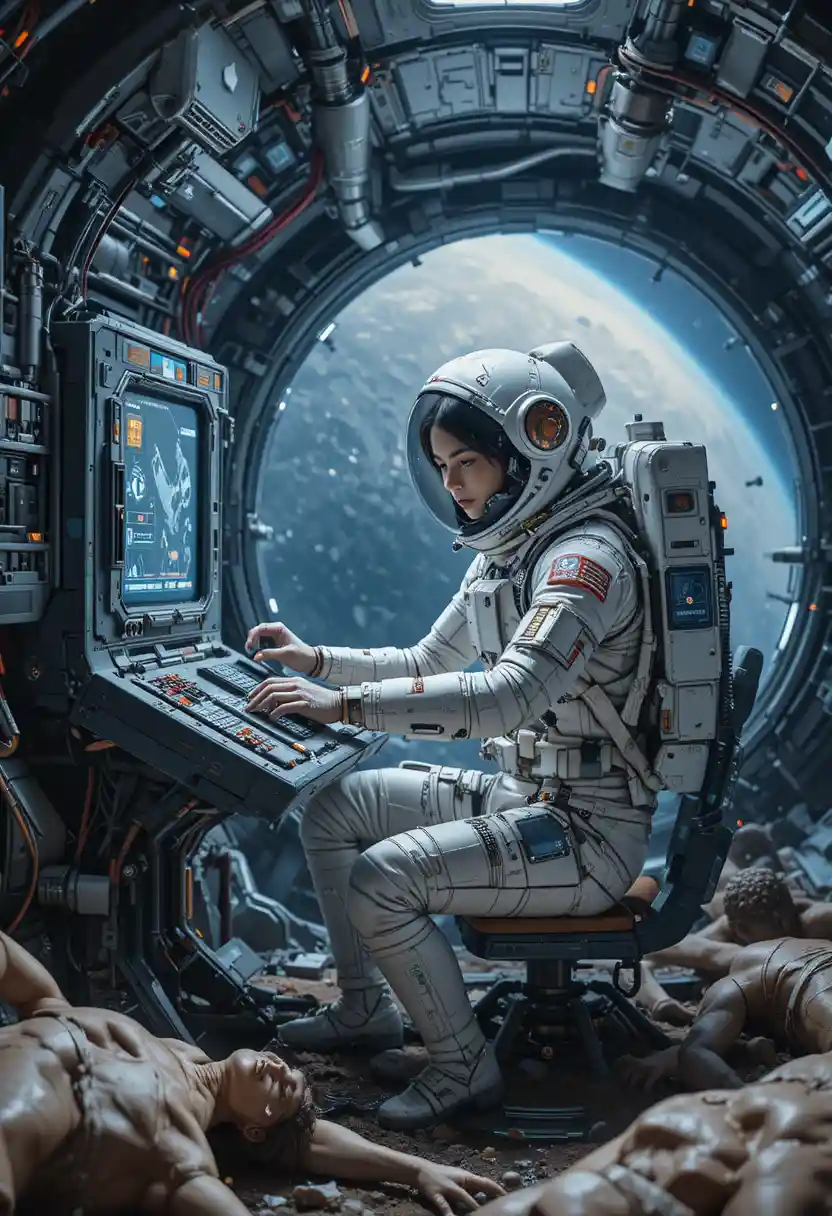 Female astronaut repairing console on titan space station