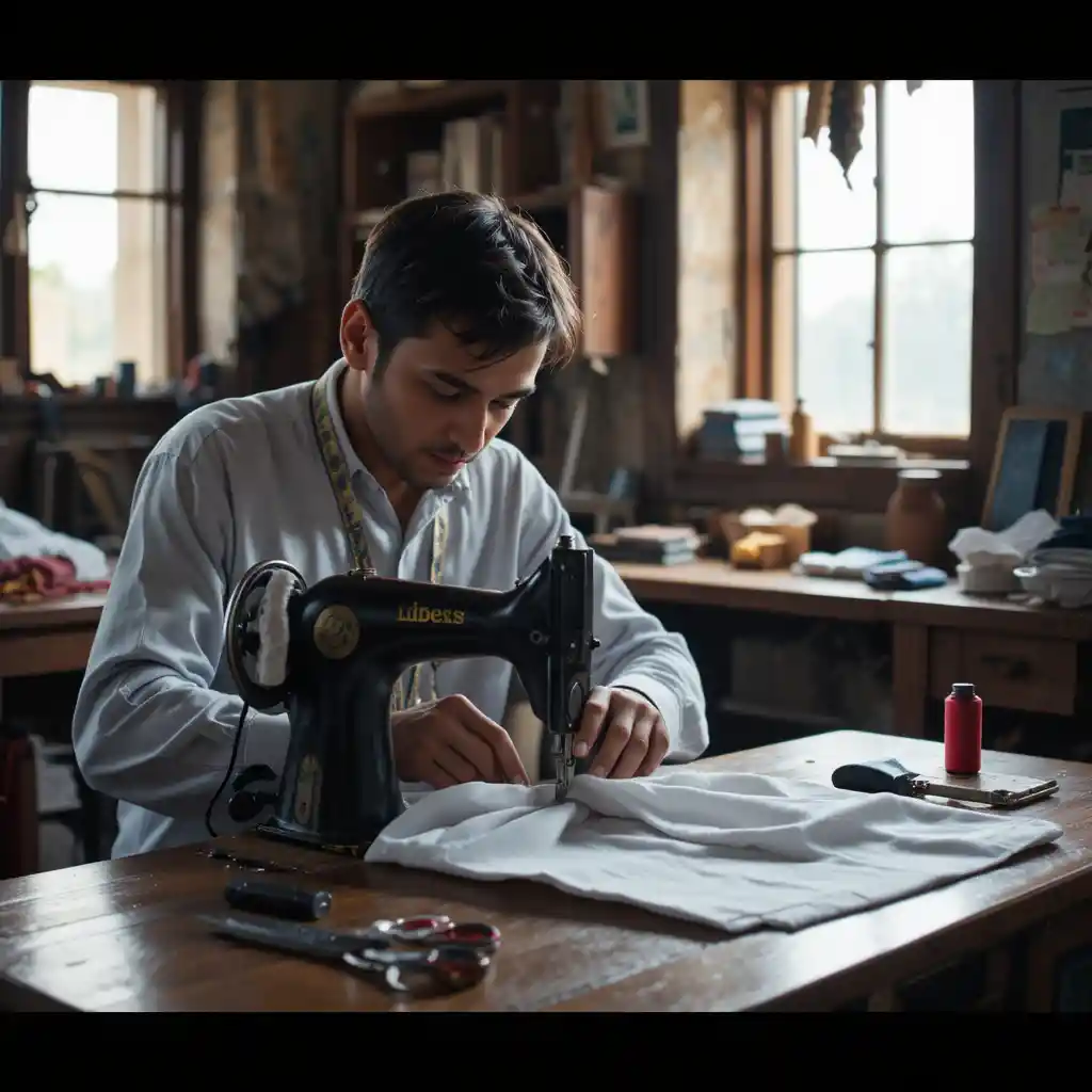 Tailor Sewing A Shirt In A Small Traditional Workshop