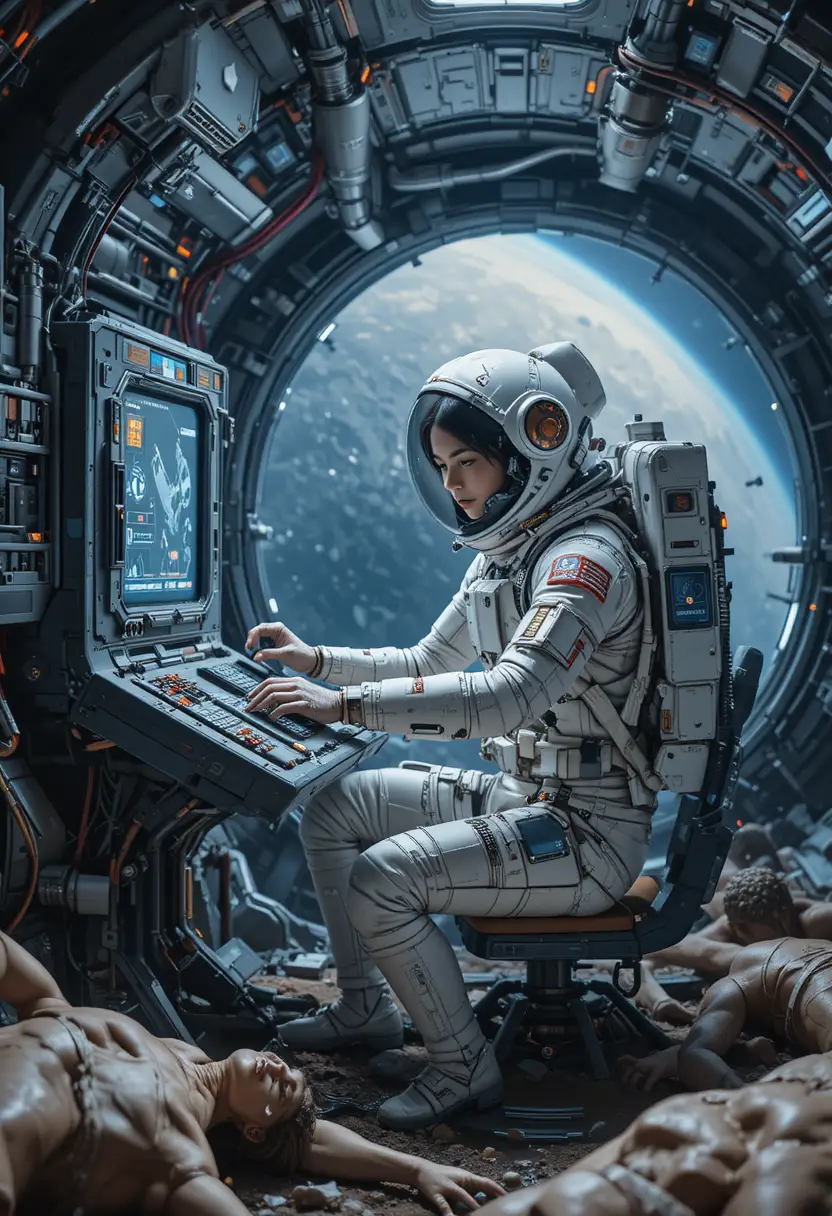Female astronaut repairing console on titan space station