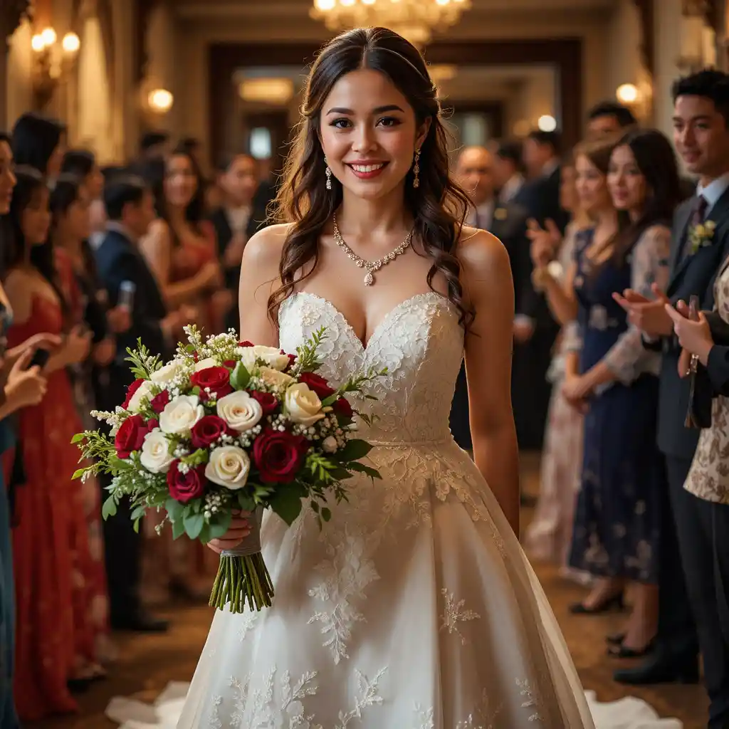 Smiling bride in a line wedding dress walking with bouquet