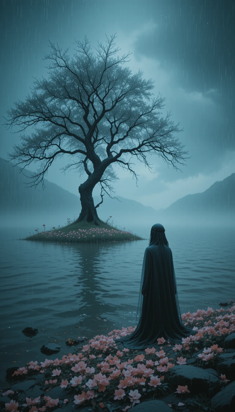 Silhouette mélancolique près d’un lac brumeux avec un arbre solitaire