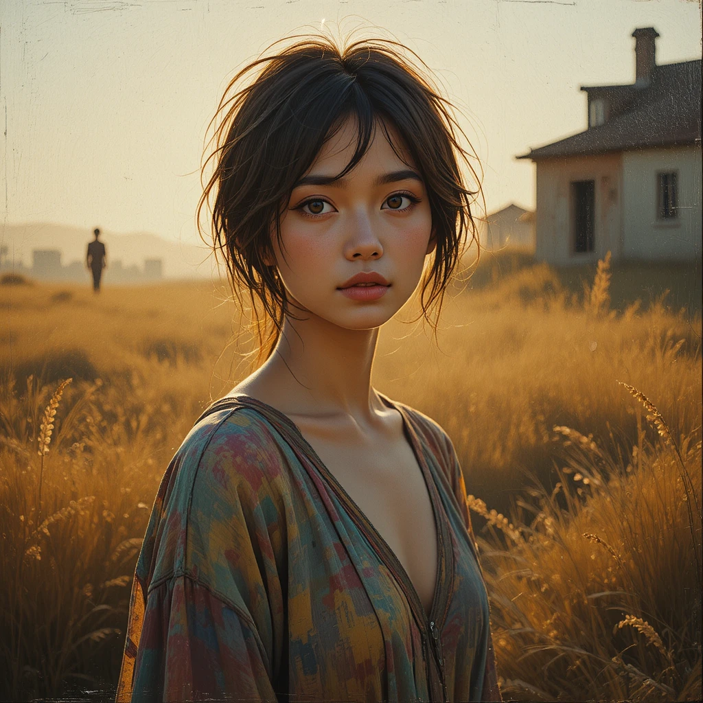 Young woman in golden light amid rustic sunlit grasses