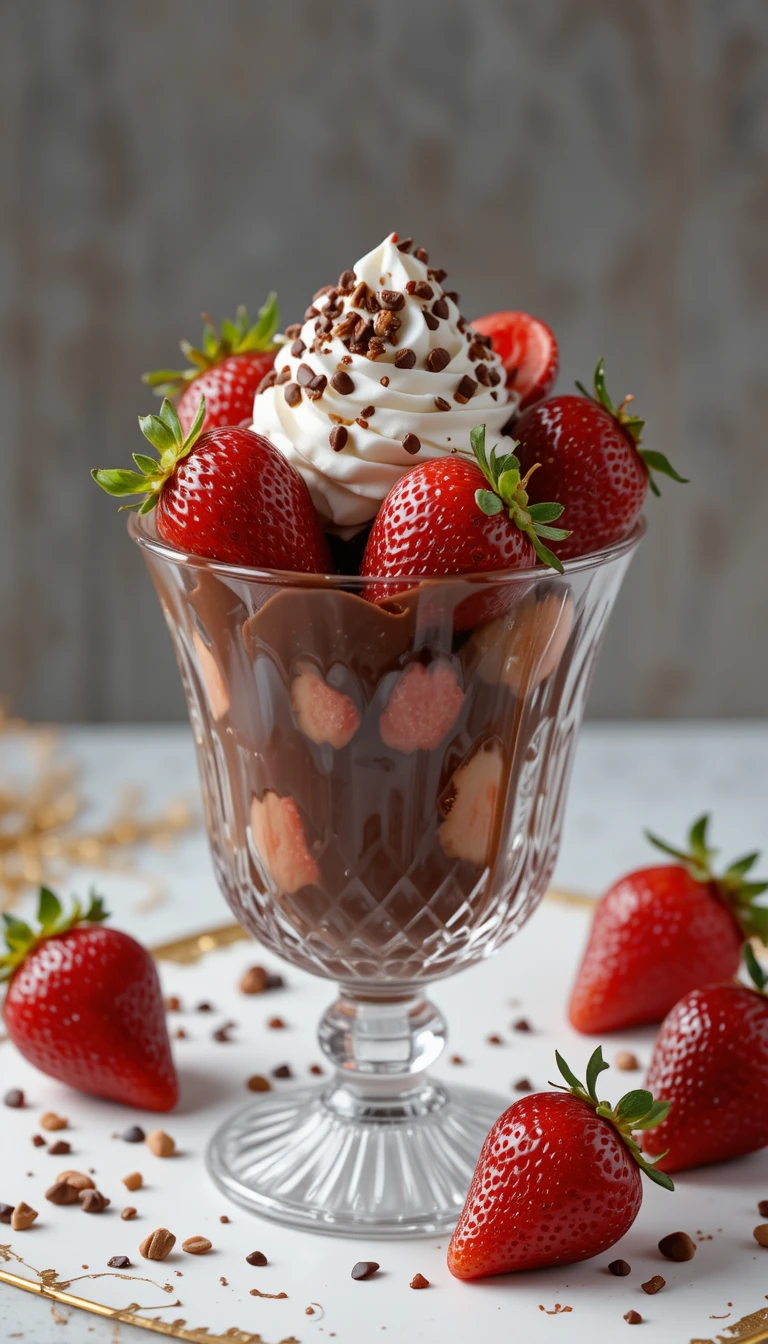 Postre de fresa con chocolate en copa de cristal con crema batida