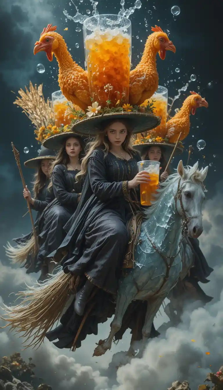 Brujas medievales volando en escobas de hielo con peculiares sombreros de comida