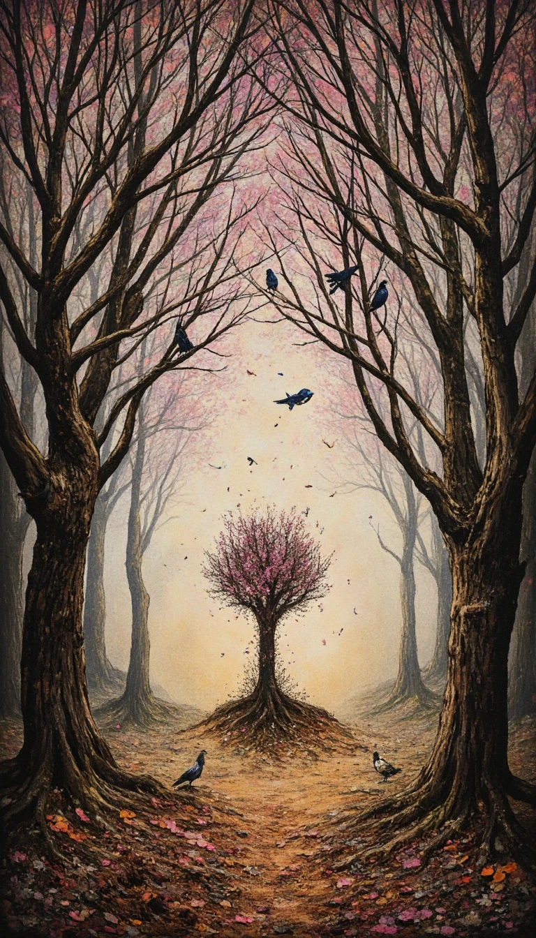 Aves y árboles abstractos surrealistas en ilusión cambiante