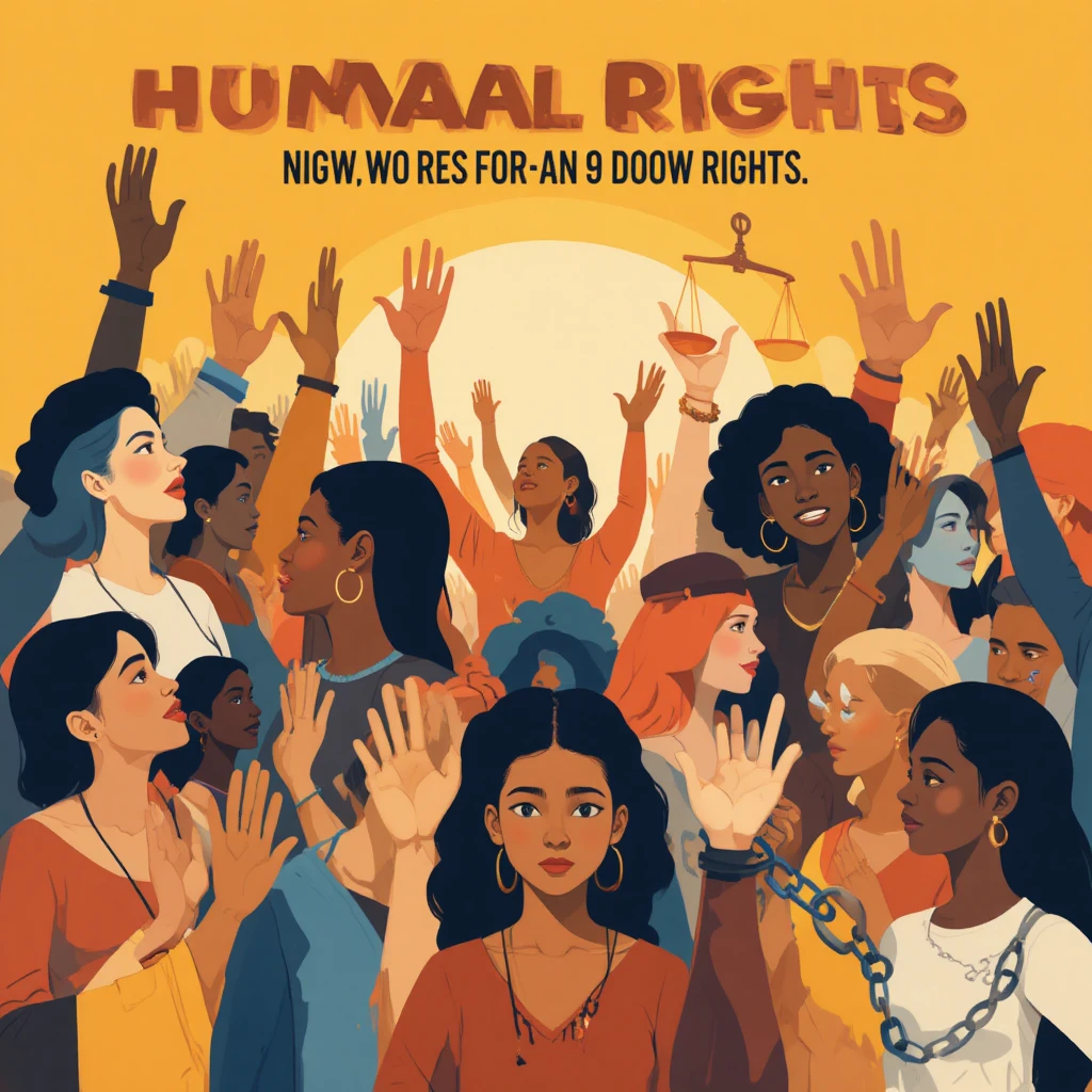 Human rights poster with united diverse people and icons