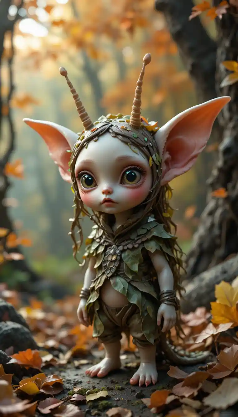 Tiny fantasy creature in leafy outfit in autumn forest