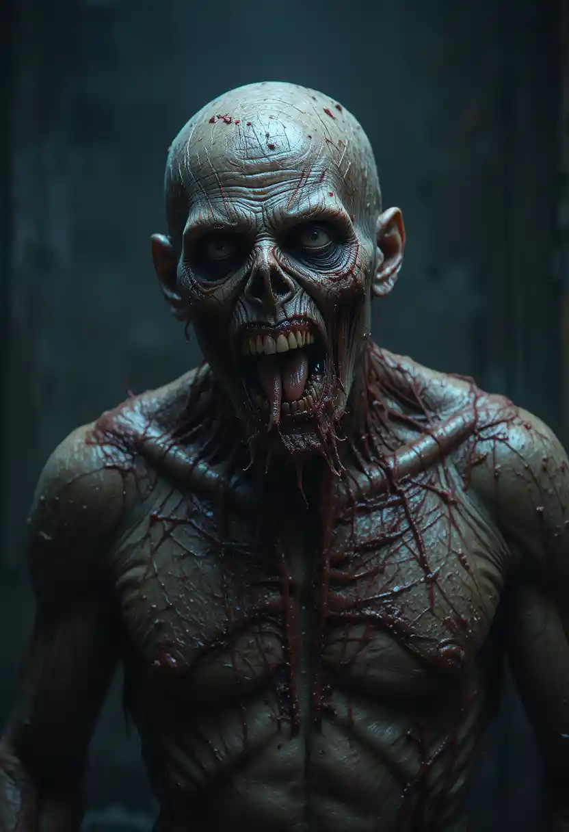 Rotting zombie with falling flesh in photorealistic horror style