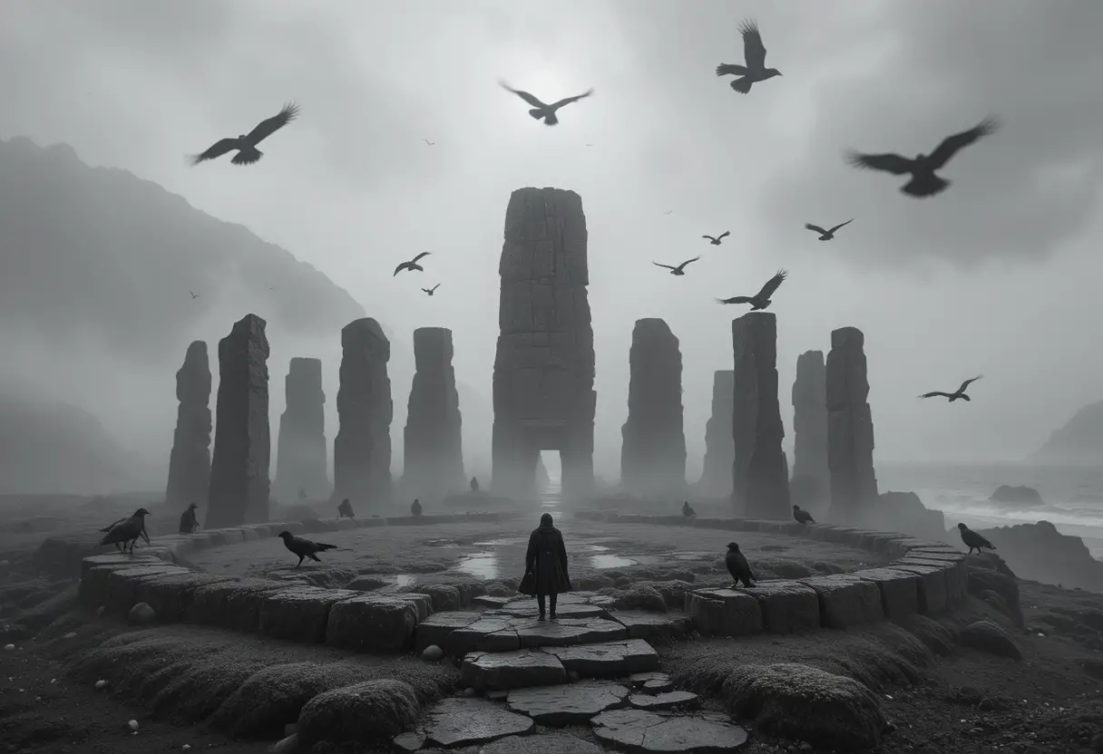 Mystic ravens gather around ancient standing stones in mist