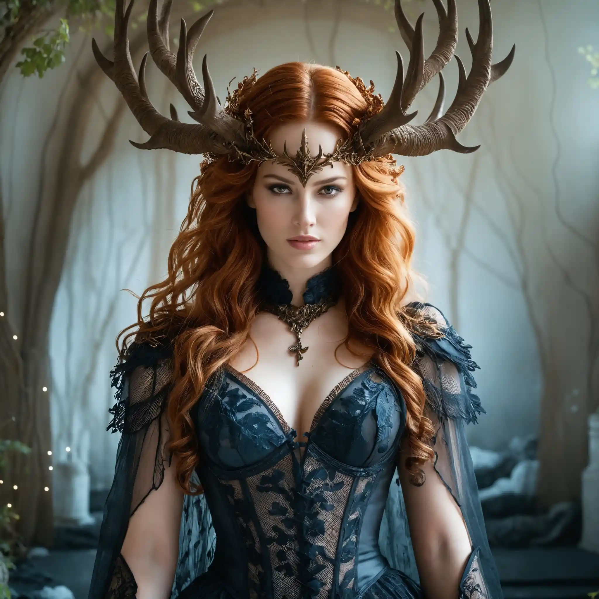 Donna fantasy gotica in scena cinematografica al chiaro di luna a figura intera