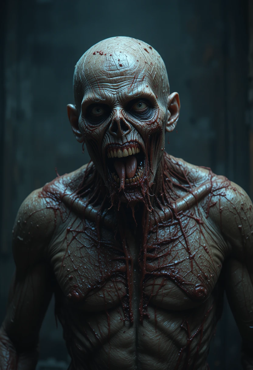 Verwesender Zombie mit herabfallendem Fleisch im fotorealistischen Horror-Stil