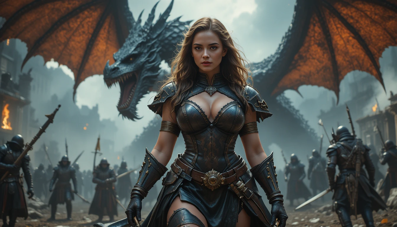 Plus size english warrior woman in fantasy battlefield