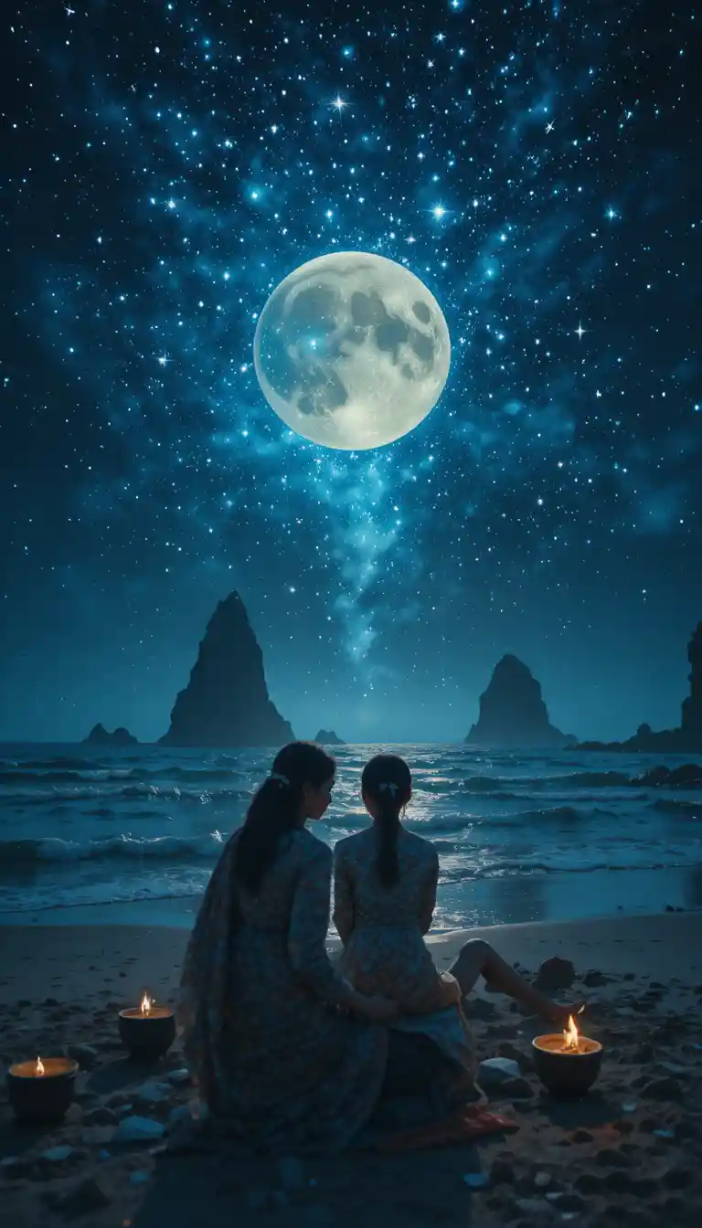 Young girl on a quiet city rooftop under the moon