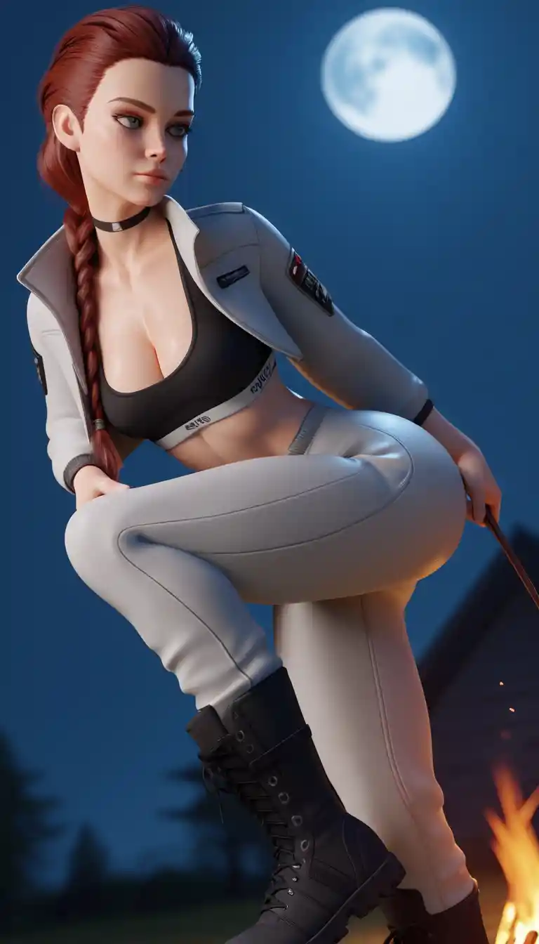 Artemis inspired huntress by campfire under full moon