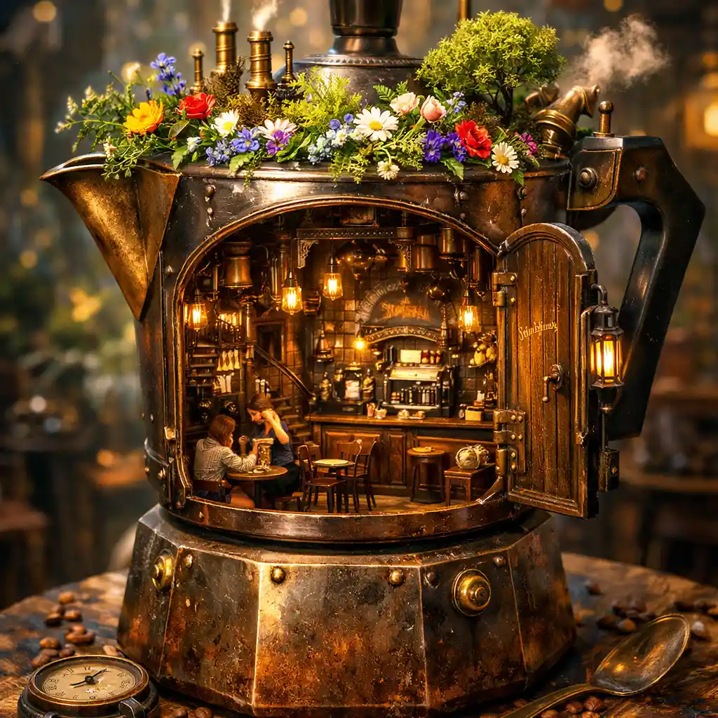 Cozy Italian cafe inside a whimsical steampunk coffee pot