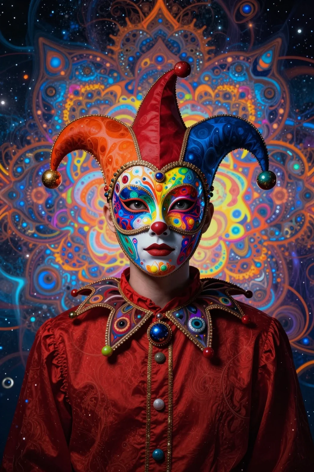 Psychedelic Cosmic Jester Portrait With Fractal Mask