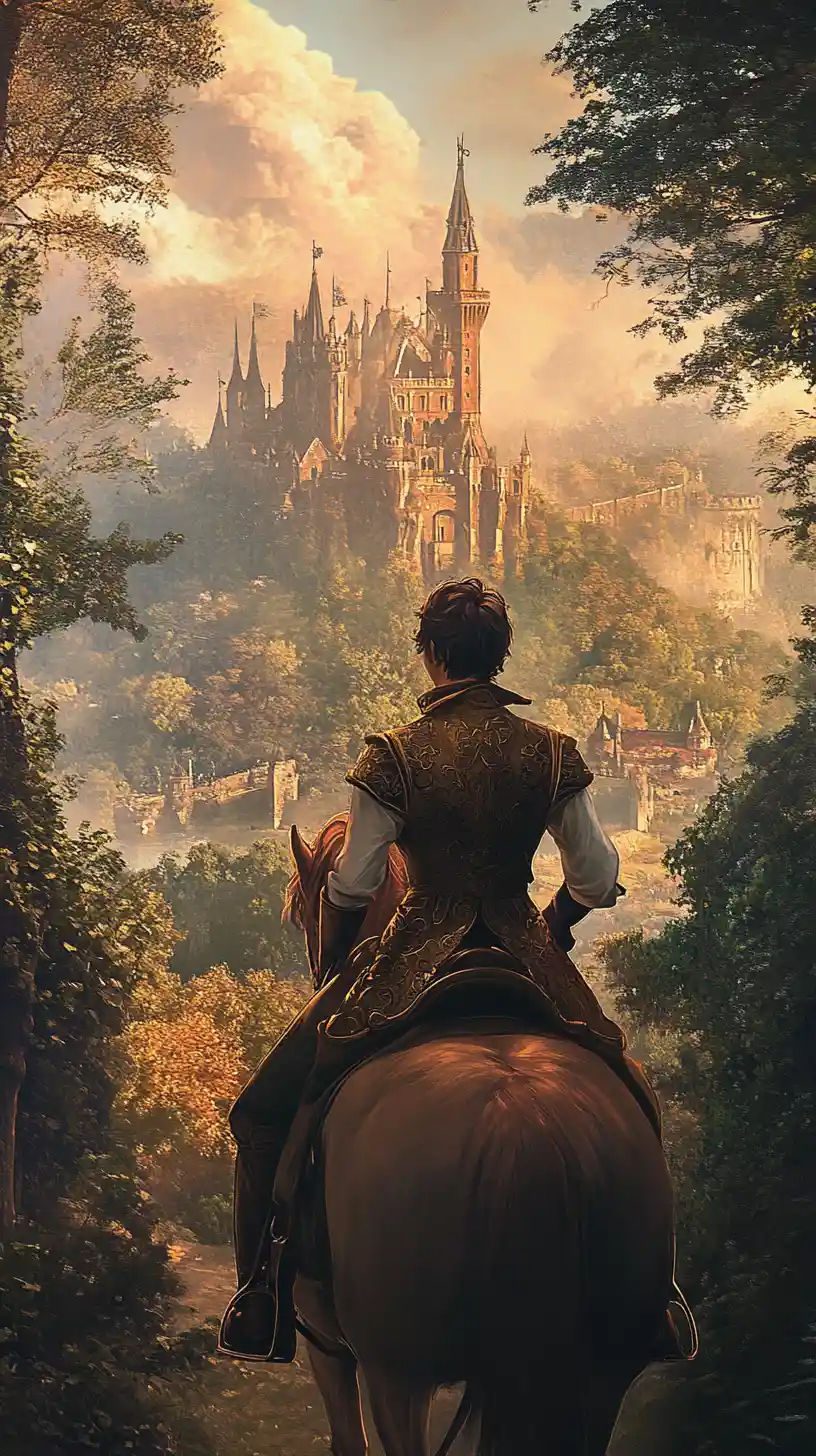 Young musketeer on horseback in a fantasy forest