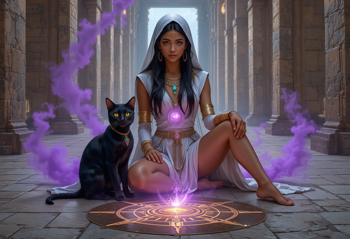 Mystical woman and black cat in ancient stone temple