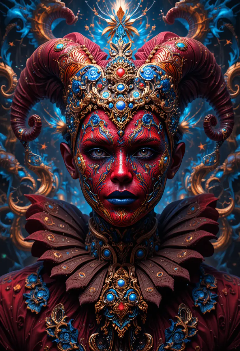 Cosmic jester portrait with kaleidoscope mask and fractal space