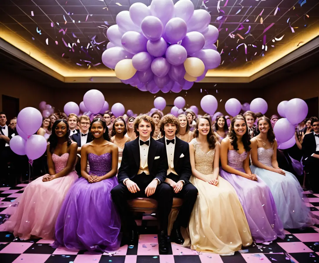 Man in cream tuxedo under pastel prom entrance