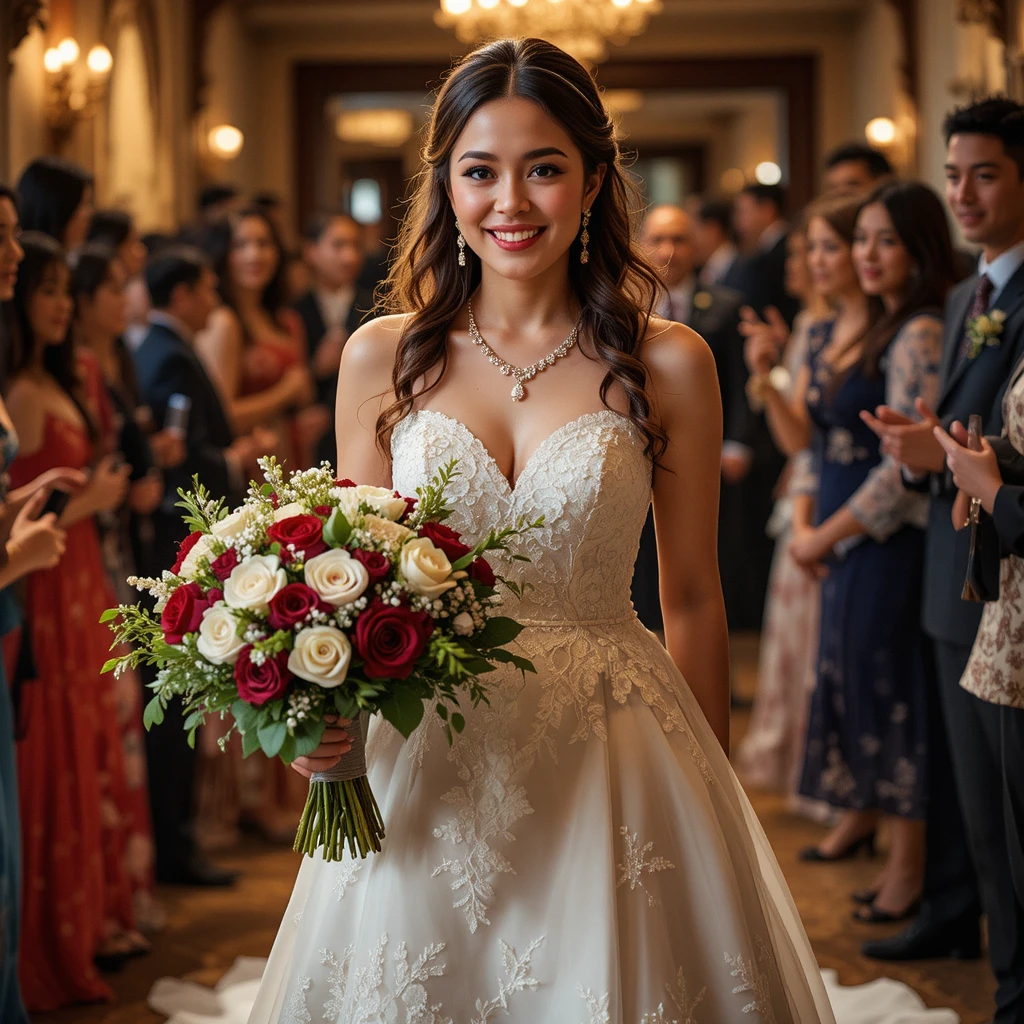 Smiling bride in a line wedding dress walking with bouquet