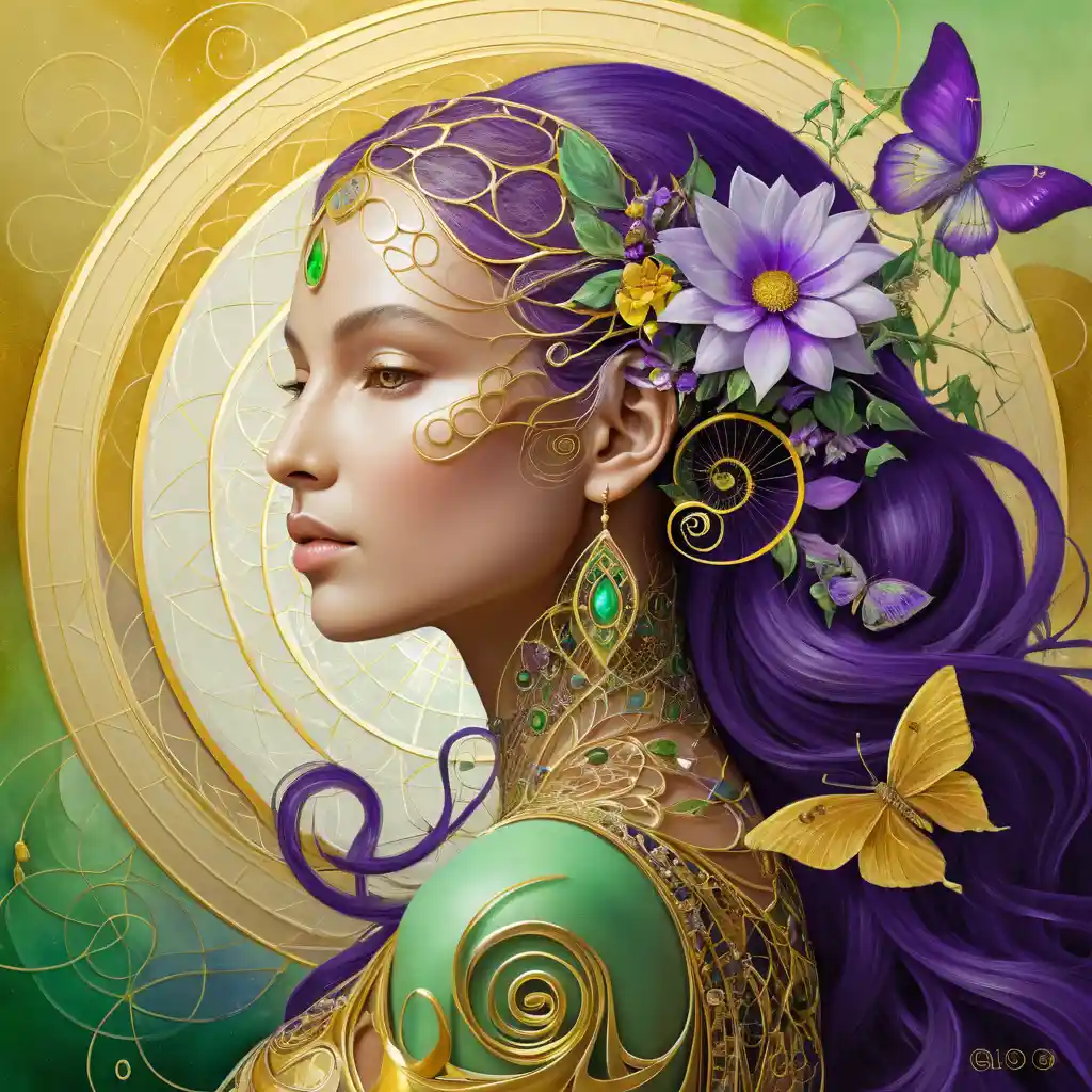 Fantasy woman amid golden floral harmonic energy