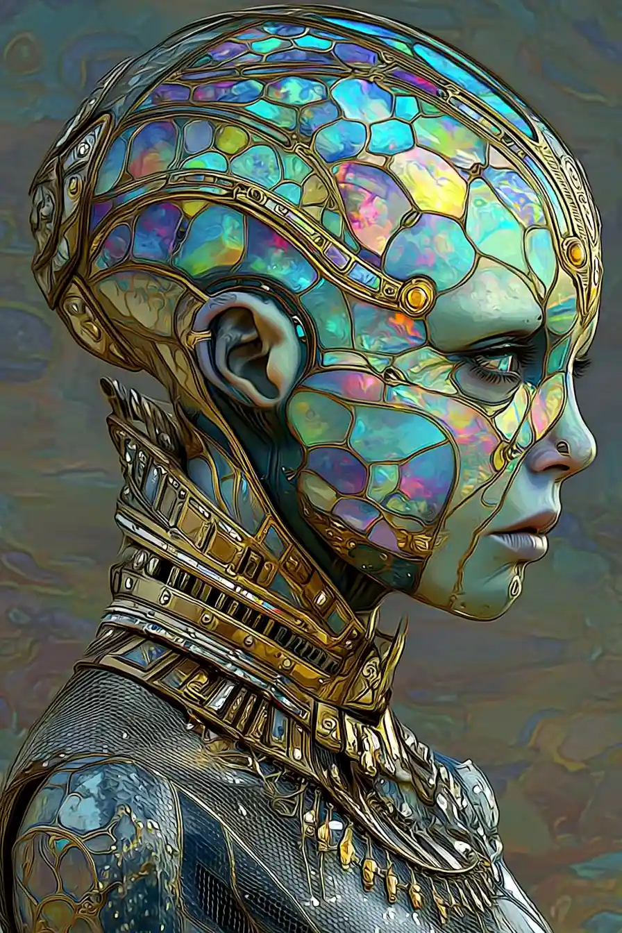 Fascinating stained glass style portrait of an alien woman