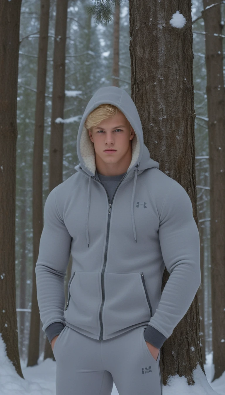 Jovem loiro de meia-calça de fleece em uma floresta nevada