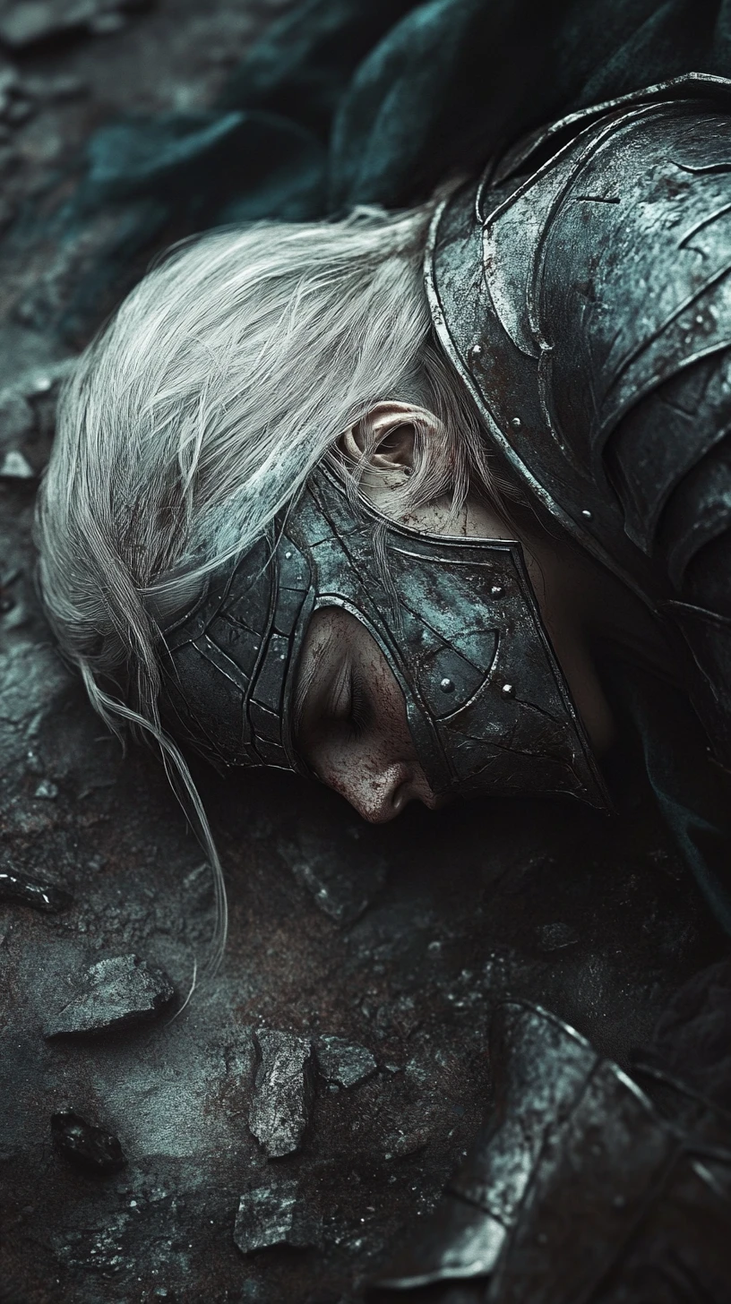 Wounded warrior queen lying on a dark stone floor