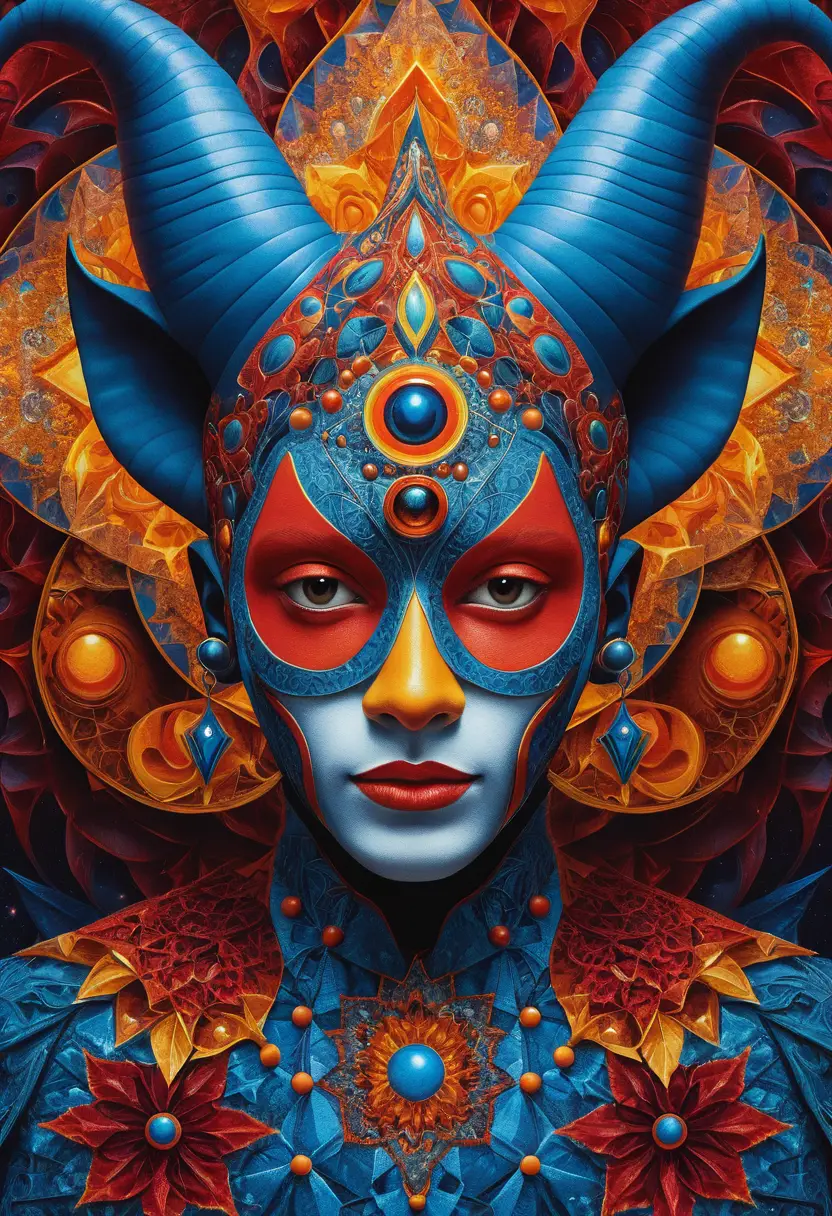 Surreal Cosmic Jester Portrait With Fractal Mask