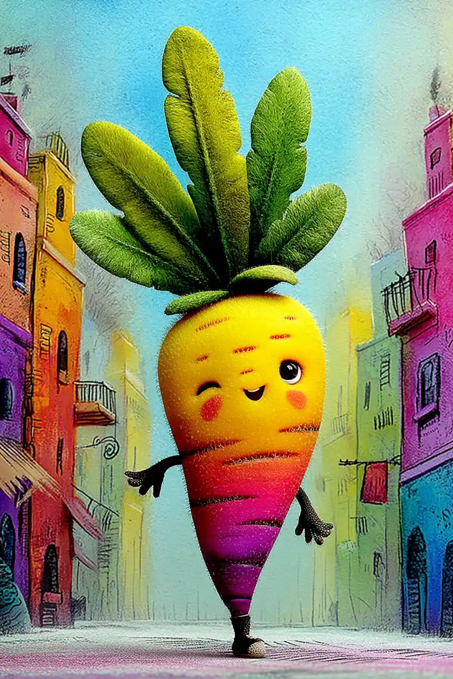 Happy carrot character walking through a bright city street