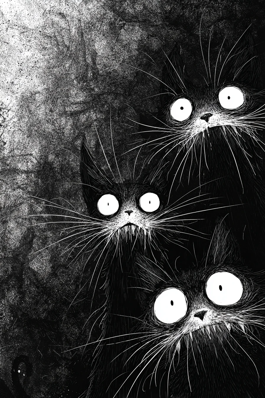 Three creepy humanoid cats with gaping jaws in smoke