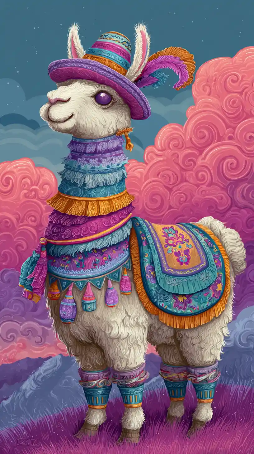 Ilustración colorida de llama en el paisaje montañoso de los Andes