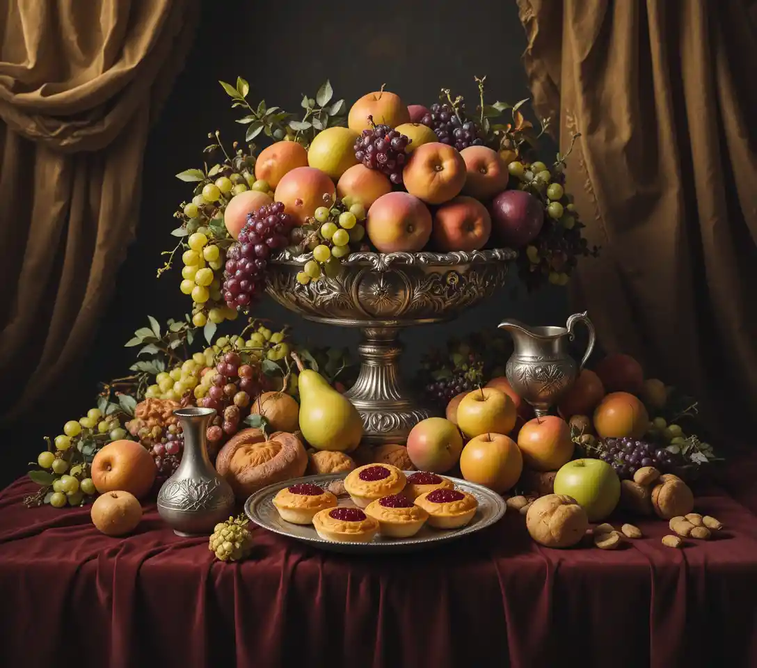 Classical still life with ornate silver bowl and ripe fruit