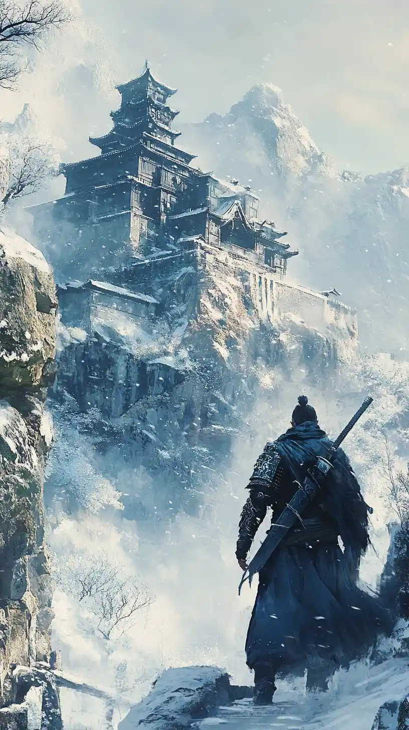 Medieval stone fortress above snowy mountains and tundra