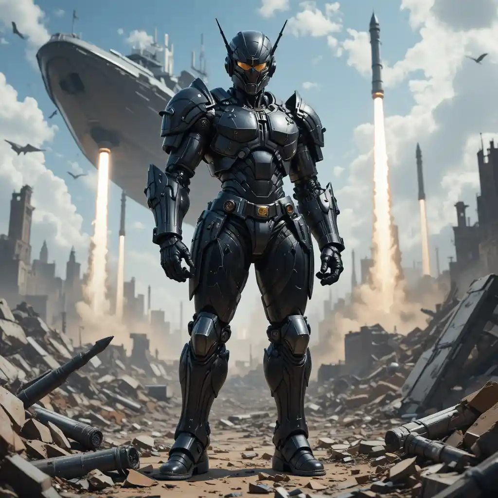 Anime soldier in black armor on ruined battlefield