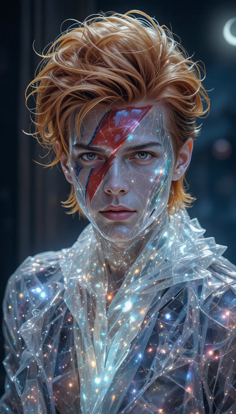 Cyborg enemy known as the glass man under a starry sky