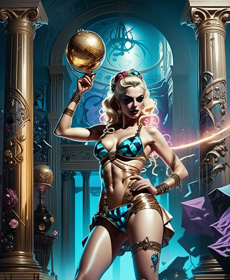 Fantasy blonde woman posing before a mystical greek temple