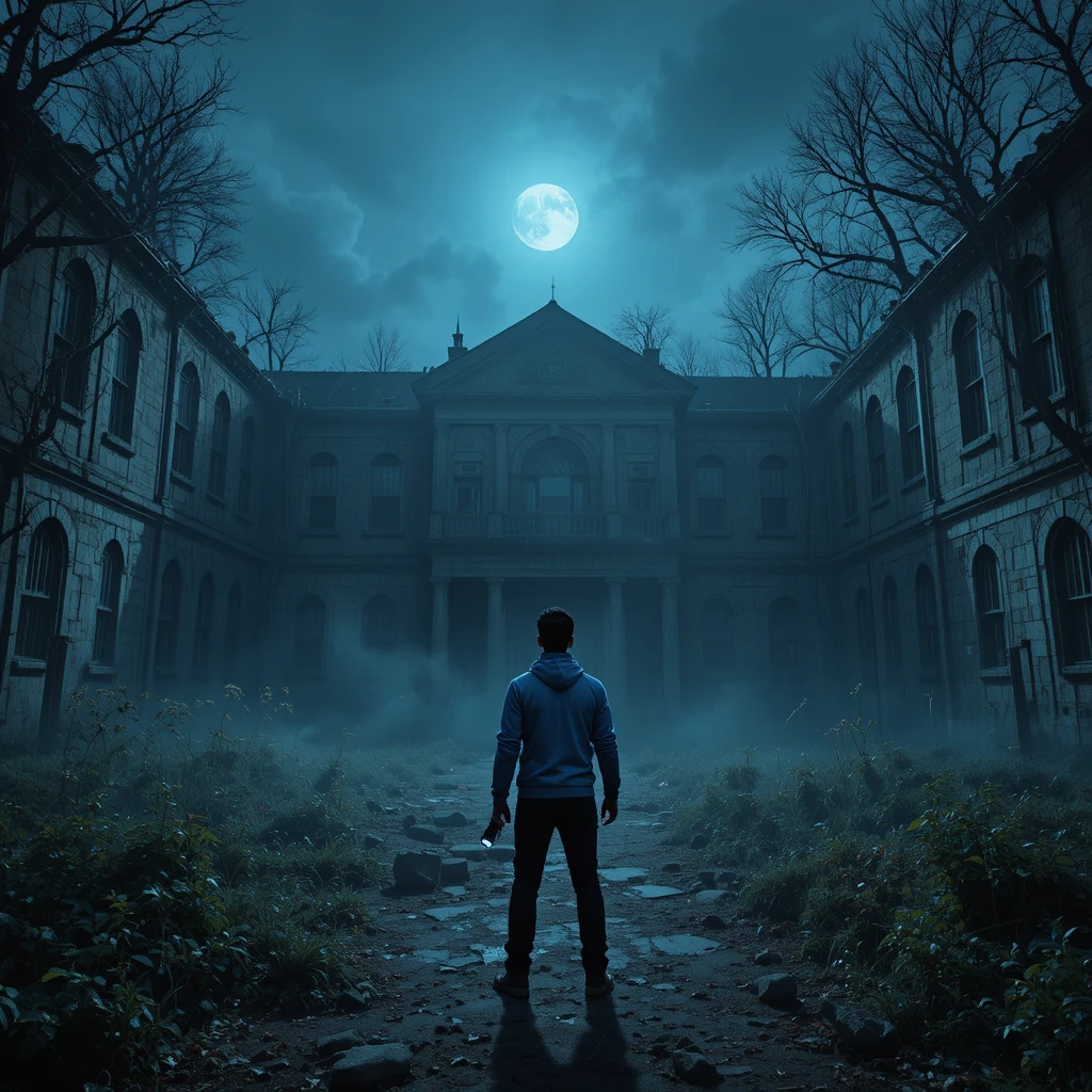 Man with flashlight at abandoned village school at night