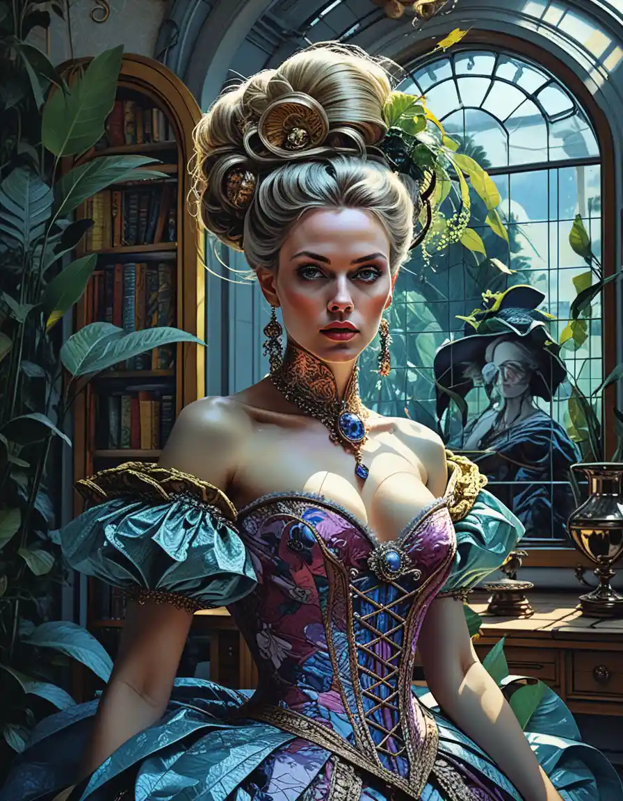 Fantasy woman painting in a lavish mansion studio