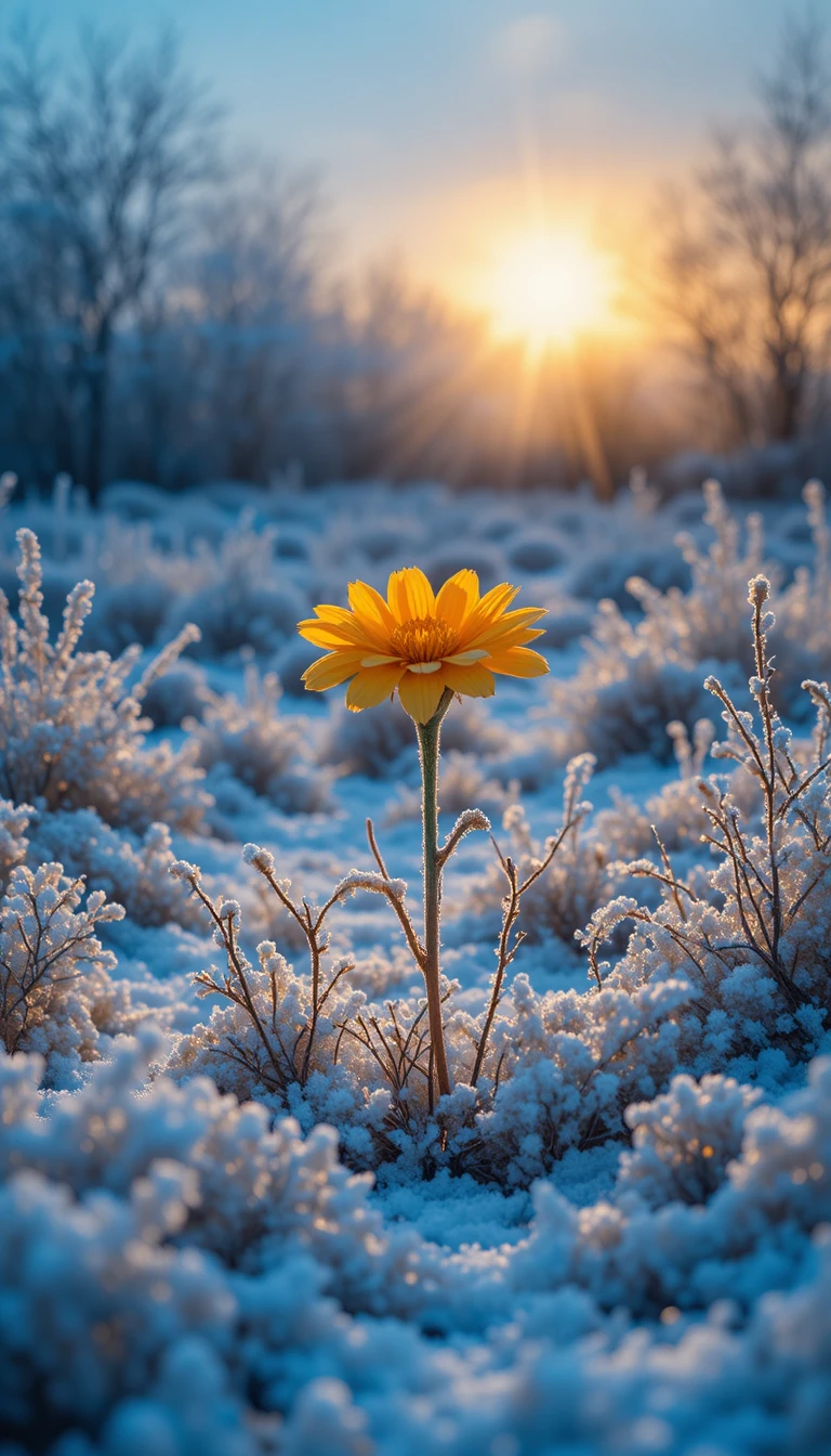 Yellow flower glowing in a snowy sunrise field