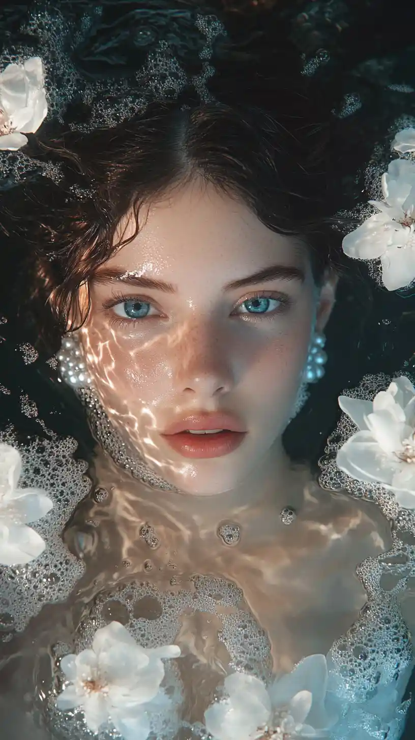 Ethereal woman in white dress rising from dark water