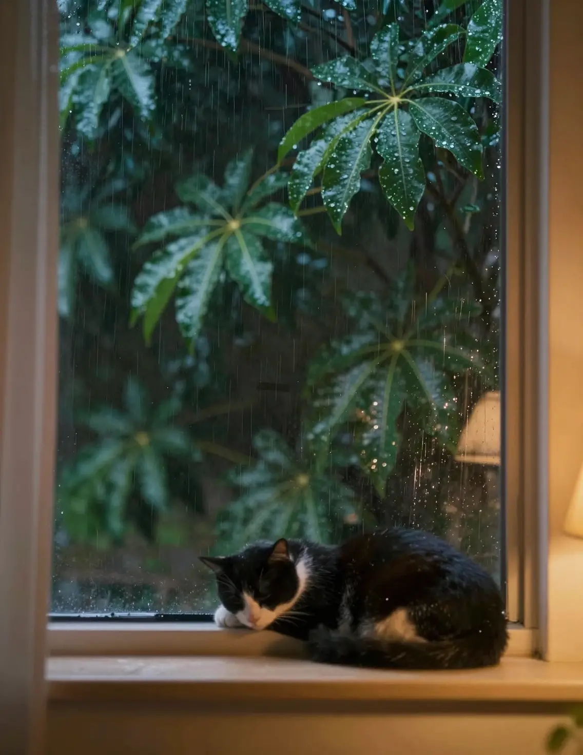 Warm lamplight through a window on a rainy evening