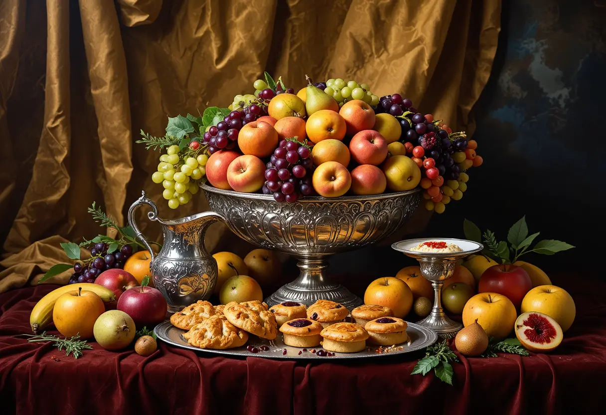 Suntuoso bodegón de pasteles de frutas y cubertería de plata