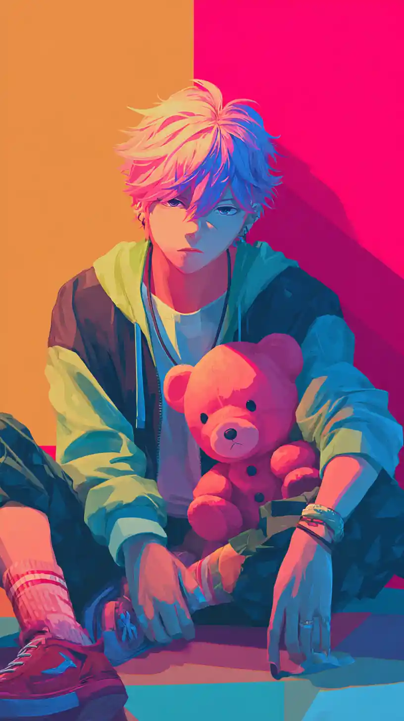Anime character with plush toy in vibrant pop colors