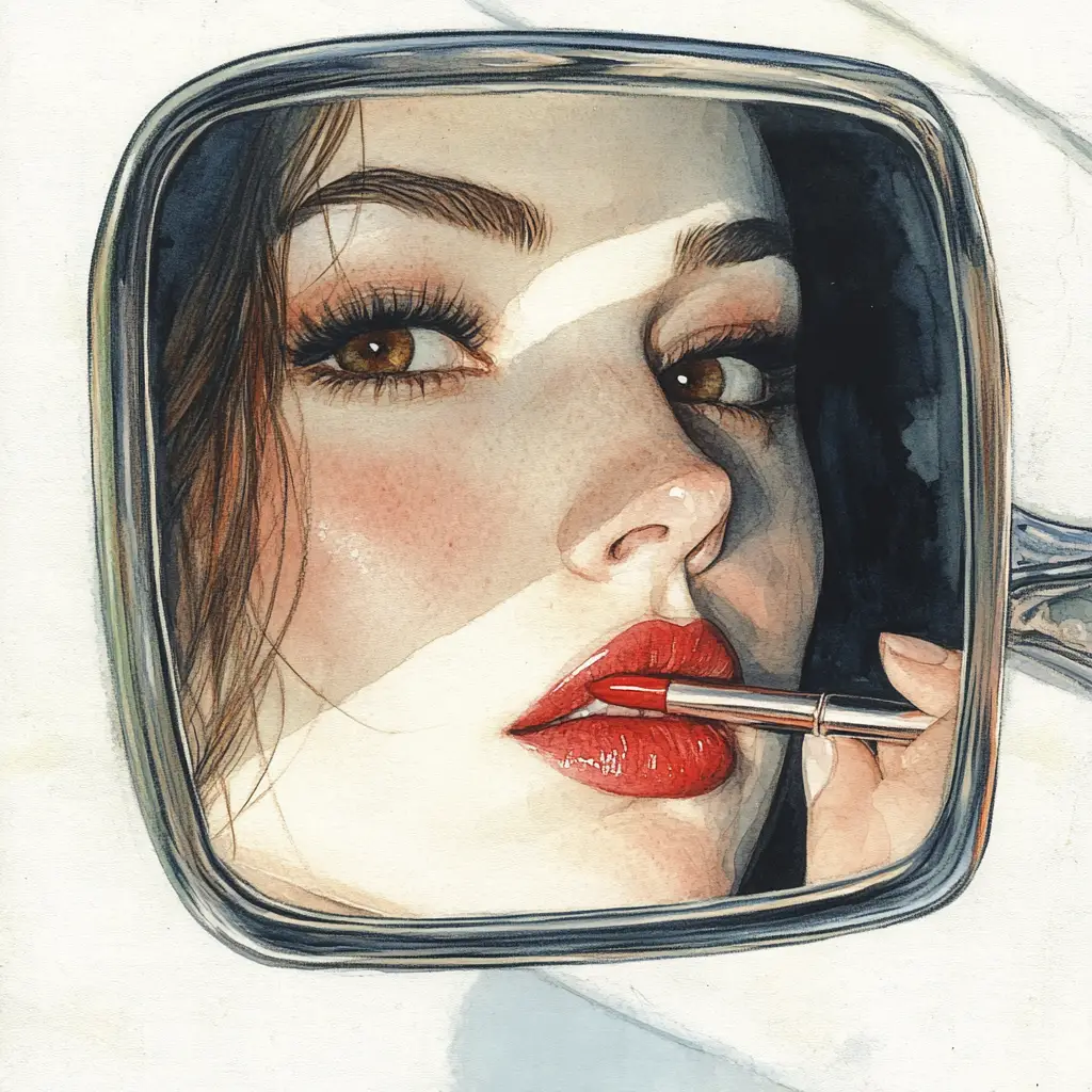 Woman applying lipstick reflected in car side mirror