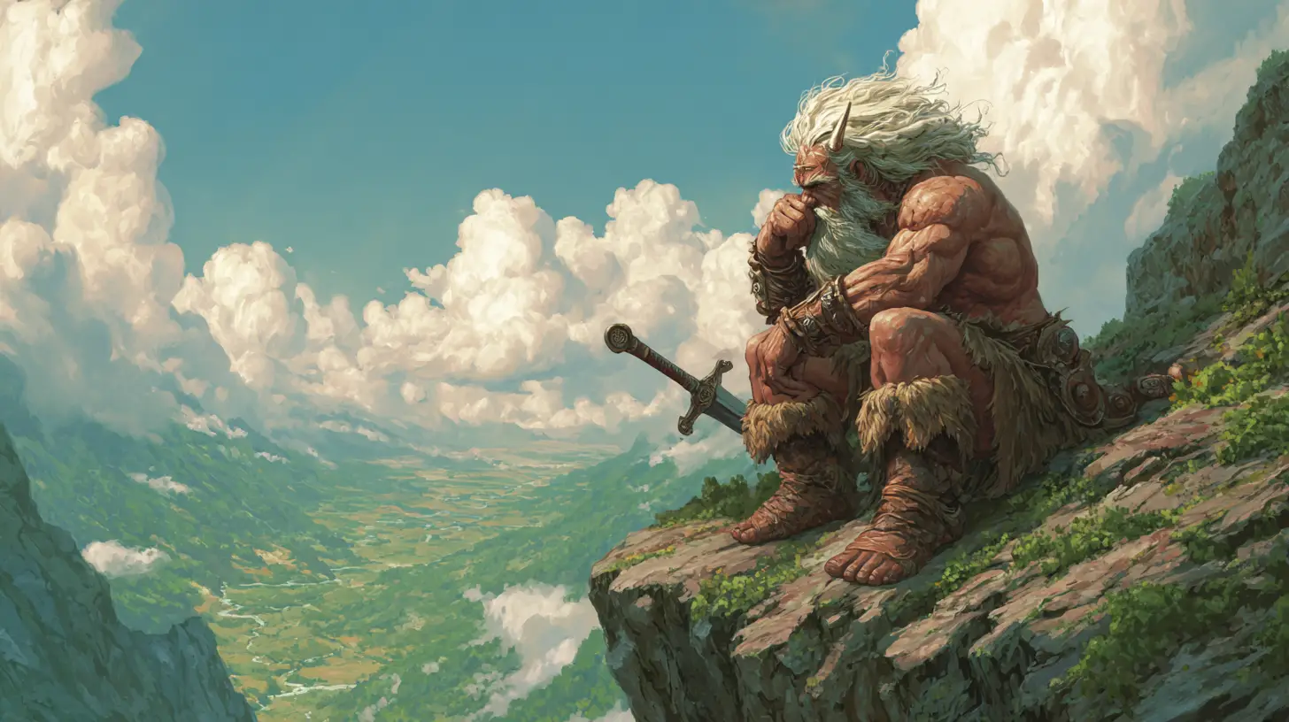Ancient white bearded warrior overlooking a green valley