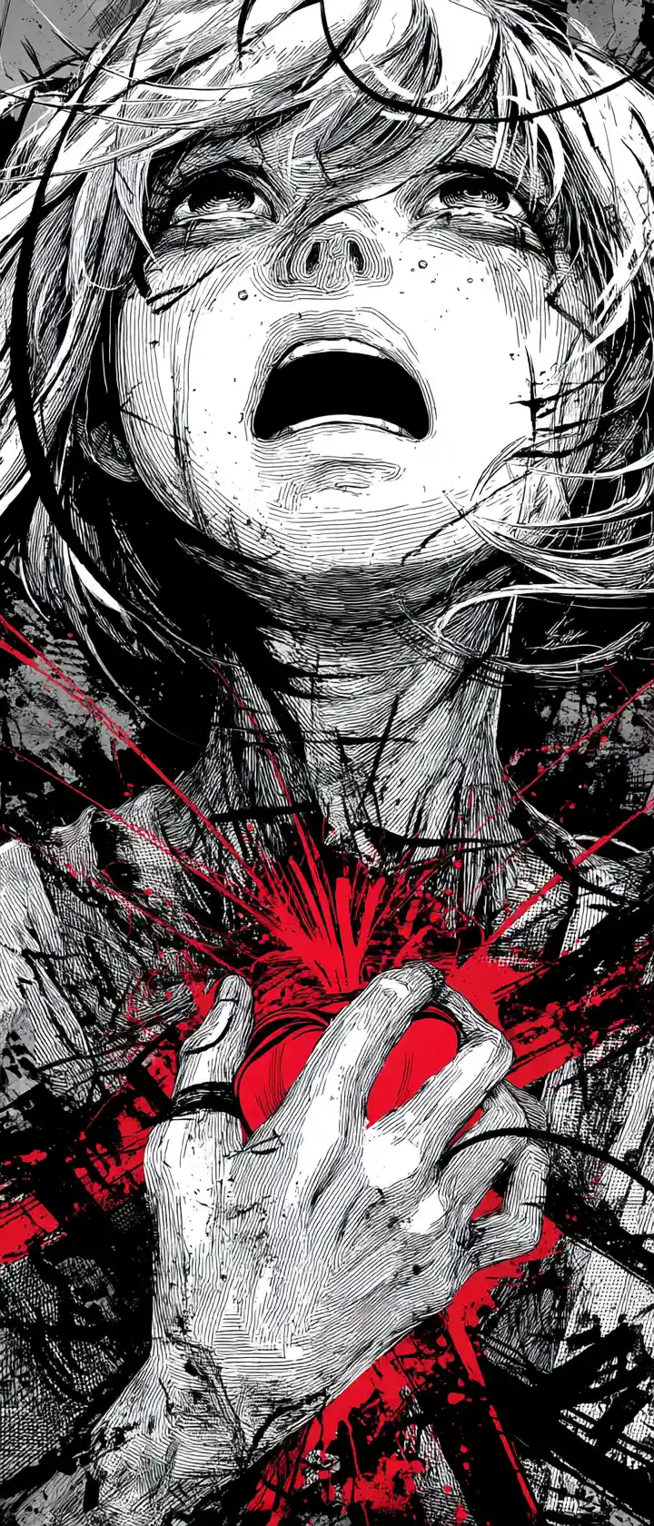 Girl with tangled hair screaming within chaotic red heart