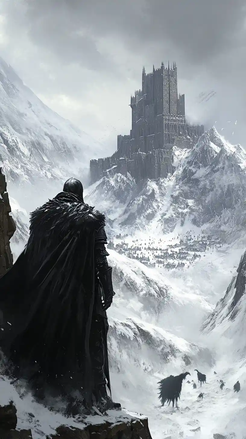 Close up of a great knight before a misty fortress