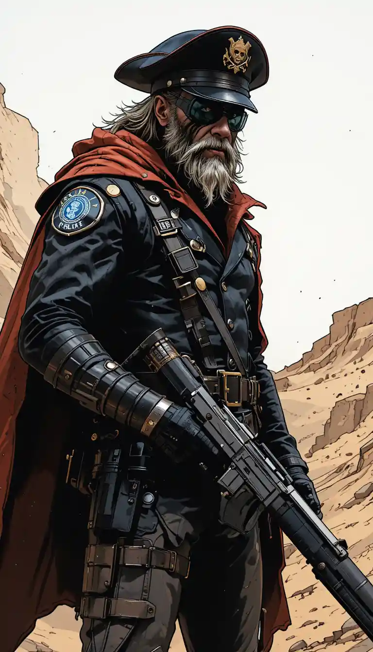 Corrupt space police officer aiming a powerful plasma cannon